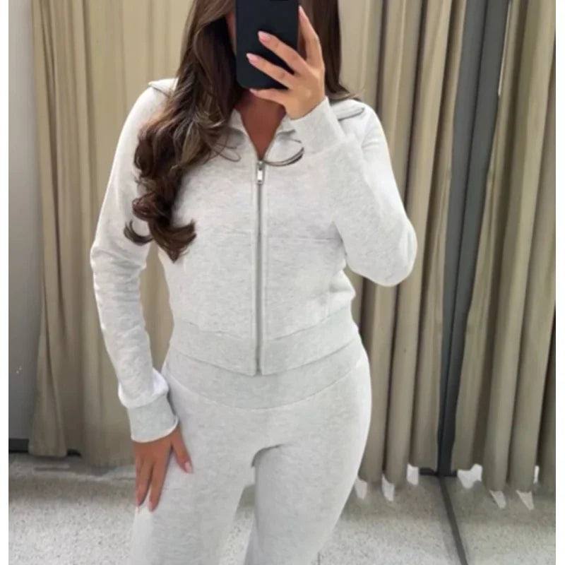 Women's Suits Flare Pants Sets 2 Piece Set Fleece Elastic Waist Trouser Suit Cropped Sweatshirts Jacket Two-Piece Set