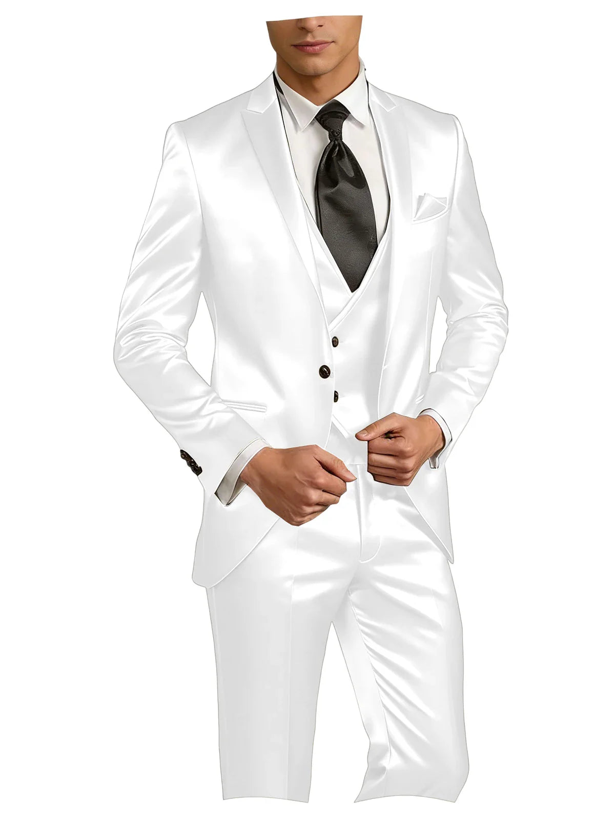 Luxury Men's Satin Suit 3 Piece Set Notch Lapel Slim Fit 1 Button Blazer Vest Pants for Formal Groom Groomsmen Prom Party