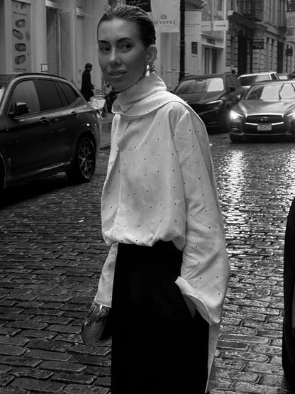 Satin Scarf Neck Polka Dot Printing Women Blouse Full Sleeve Loose Basic Shirt Lady Fashion Autumn New Highstreet Commute Wear