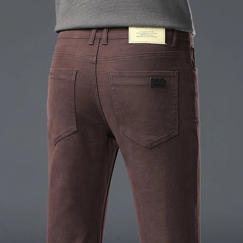 Army Green Elastic Cotton Jeans Men's Spring Fashion Slim Straight Denim Pants Comfort Large Size Korean Business Casual Trousers