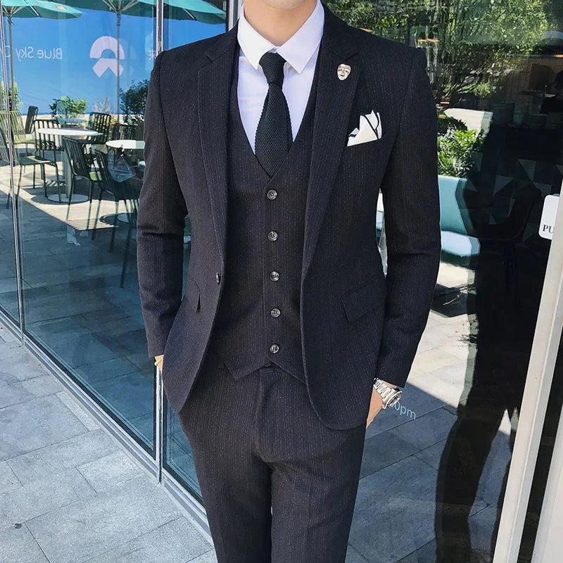 Blue Men Classic Striped/Checked Suits, Asian Size Slim Fit Business Office 3-Piece Sets, Black/Gray and Red Available.