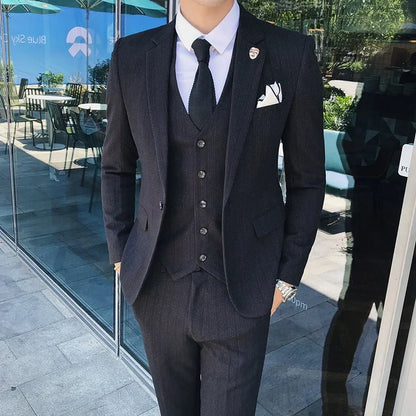 Blue Men Classic Striped/Checked Suits, Asian Size Slim Fit Business Office 3-Piece Sets, Black/Gray and Red Available.
