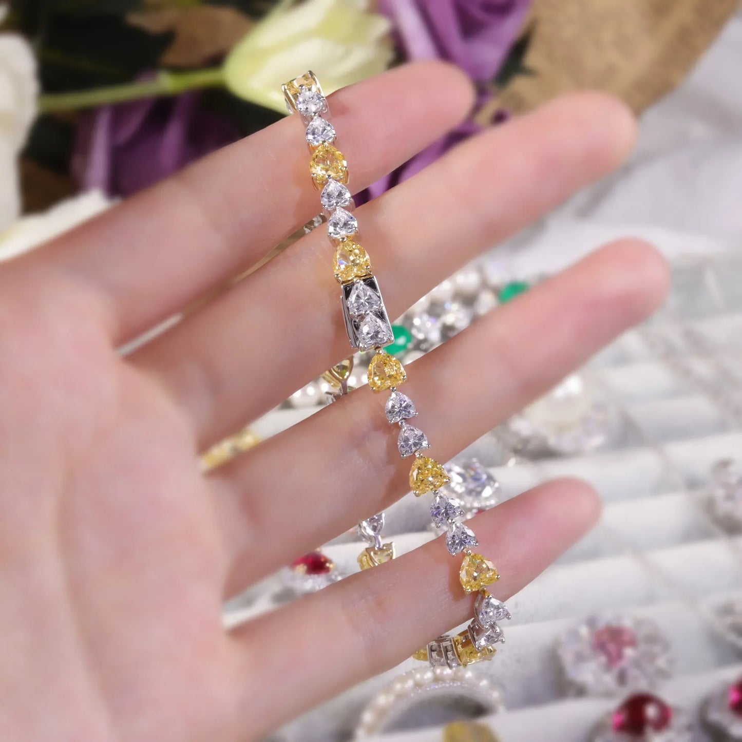 Art Deco Diamond-fire CZ-  Fancy Light Yellow Tennis Bracelet Sterling Silver 925 Fancy Party Wear Bracelet Gift