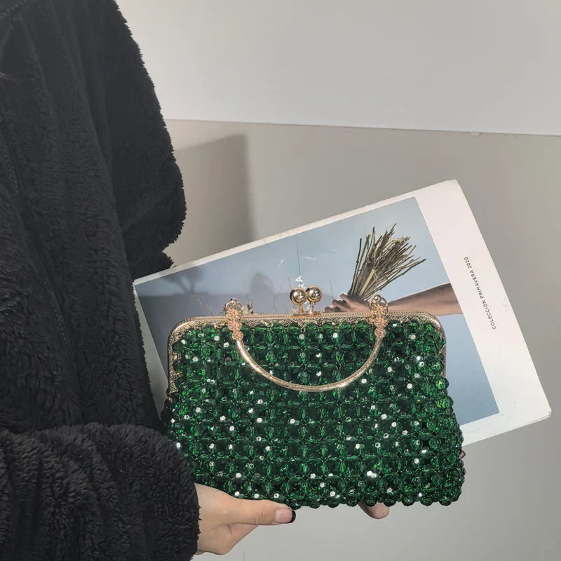 Emerald Green Handmade Beaded Clutch Bag | Vintage Gold Frame Evening Purse with Chain Strap for Party/Wedding/Cocktail