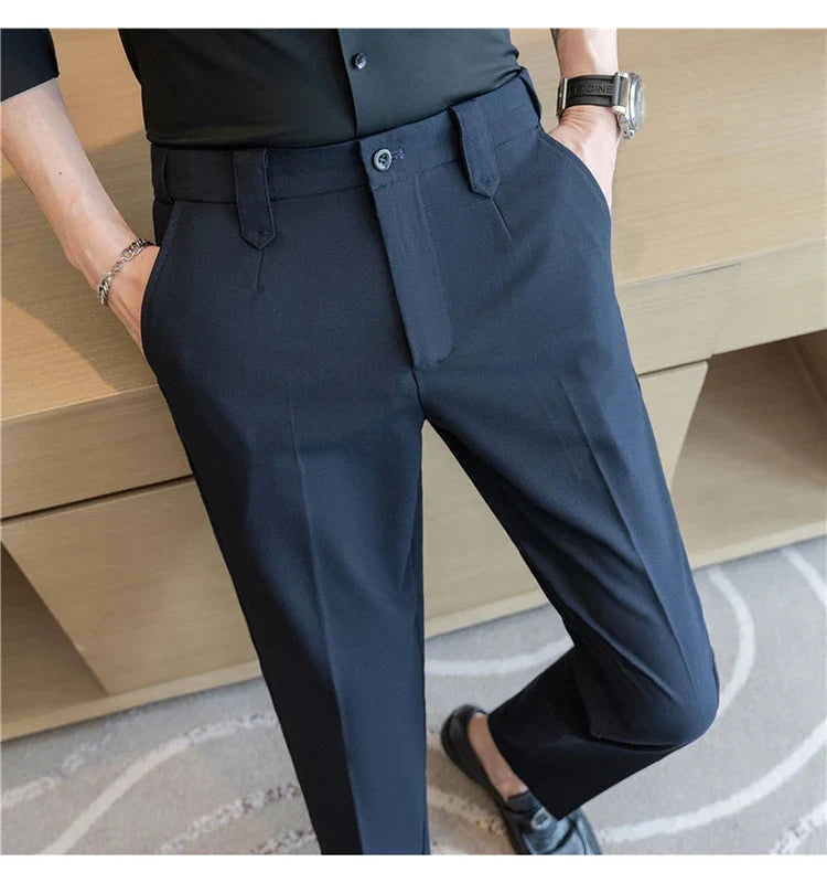 Elastic Waist Solid Color Suit Pants Men Formal Slim Fit Business Casual Trouser High Quality Social Wedding Fashion Dress Pant