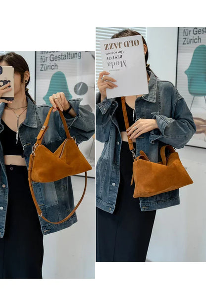 Fashion Autumn Winter Big Boston Tote Soft Matte Suede Cow Leather Women's Handbag Shoulder Crossbody Bag For Women Grey Brown