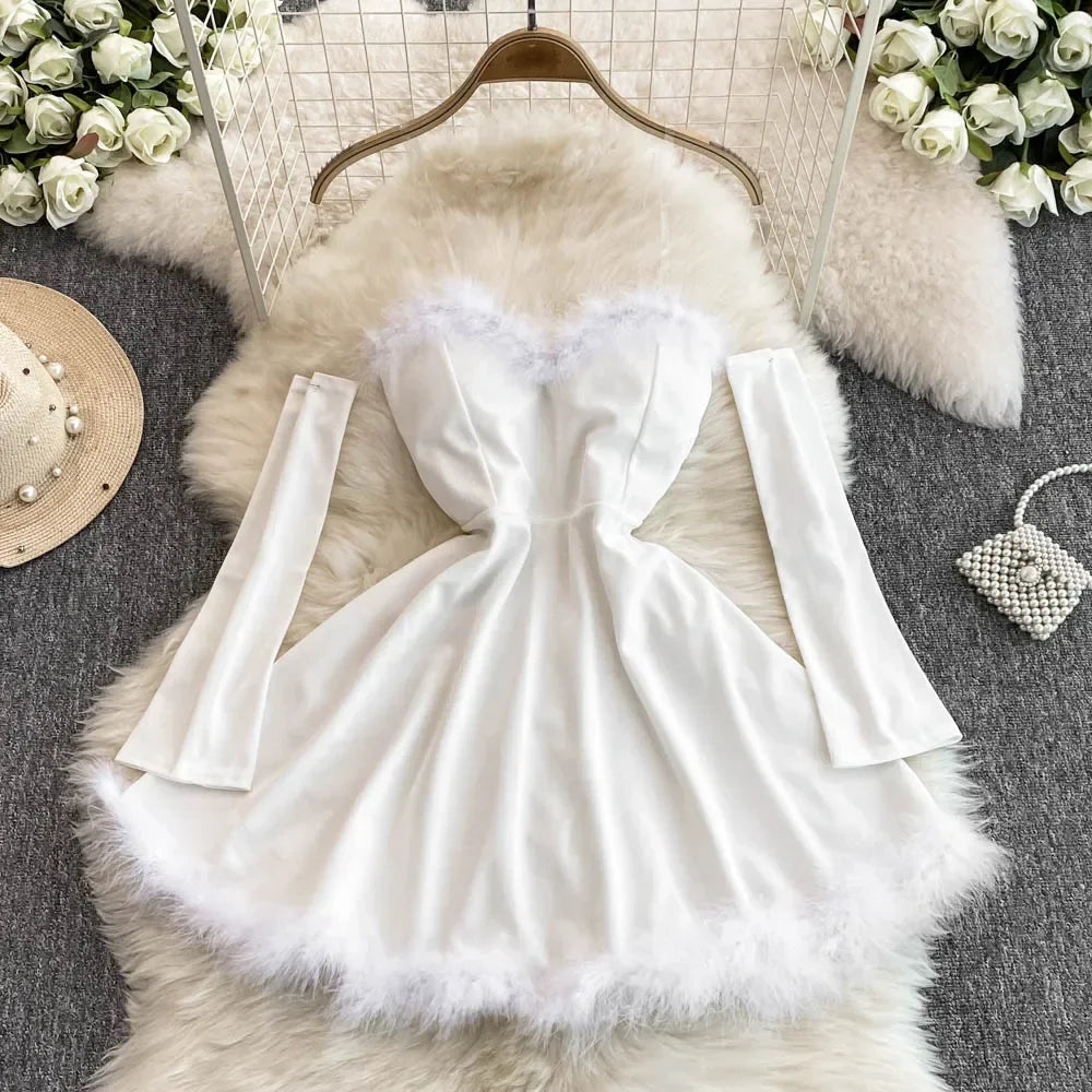 Women's Christmas Dress Sexy Low-cut Waist Thin Big Pendulum Fluffy Splicing Suspender Tube Ling Dress Red