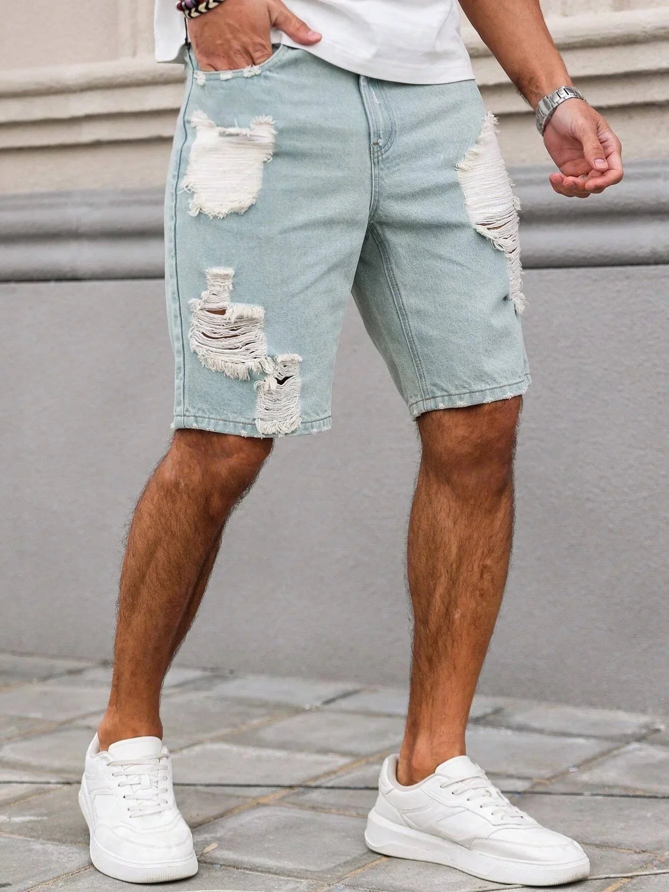Men's Light Blue Ripped Denim Shorts, Summer Casual Streetwear Loose Straight-Leg Denim Shorts