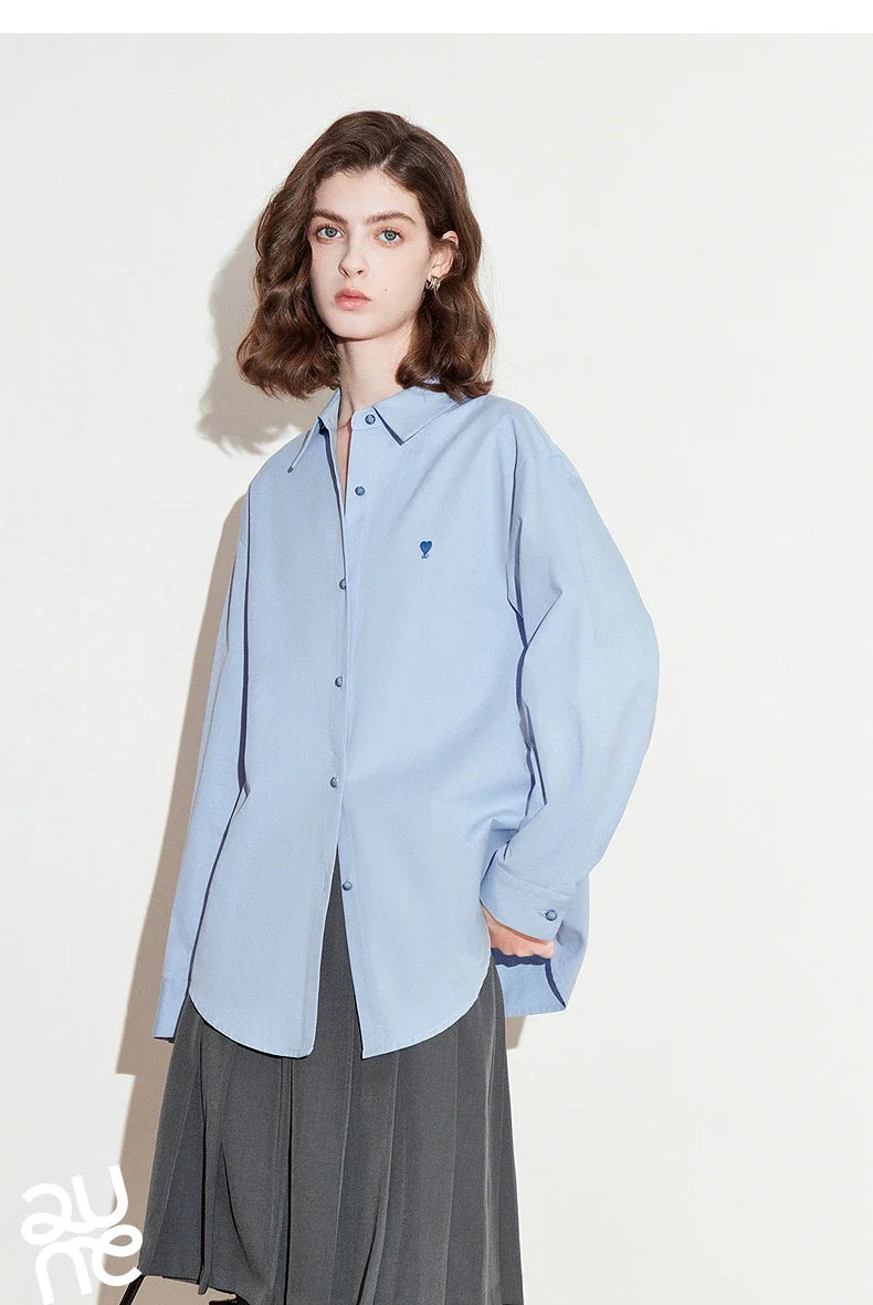 Women Blouse Shirt 2025 Spring New Love Embroidered Simple and Versatile Solid Color Pure Cotton Shirt Tops