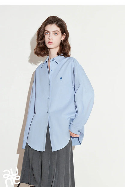 Women Blouse Shirt 2025 Spring New Love Embroidered Simple and Versatile Solid Color Pure Cotton Shirt Tops