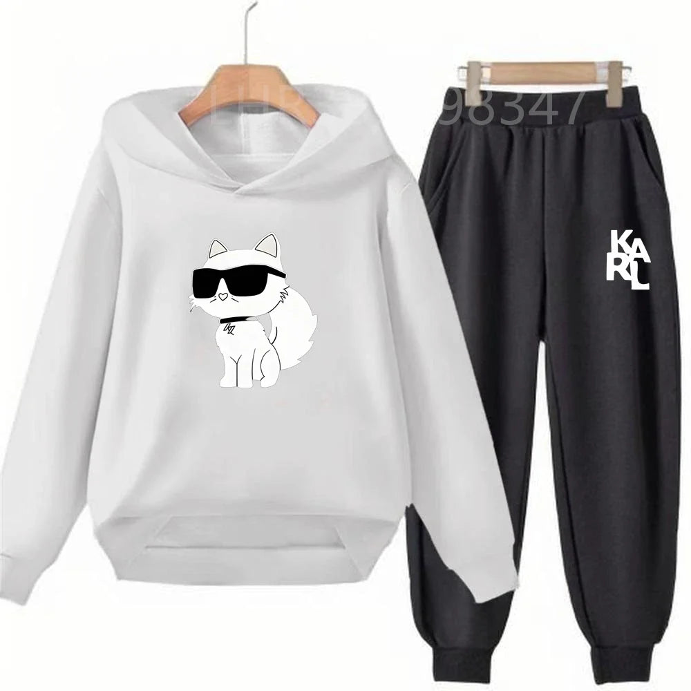 White Cat Black Cat Children's Hoodies Top+Bottom Suit Girls Pink Boy Black Age 3-12 Coat Casual Toddler Long Sleeves Clothing