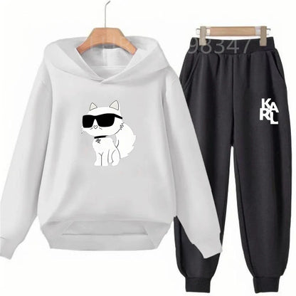 White Cat Black Cat Children's Hoodies Top+Bottom Suit Girls Pink Boy Black Age 3-12 Coat Casual Toddler Long Sleeves Clothing