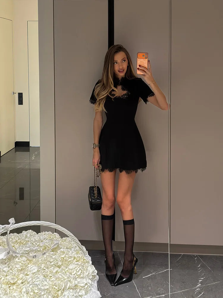 Sexy Women's Mini Dresses Patchwork Short Sleeves Lace Hollow Out Slim Fit Trend Baisc Turtleneck Streetwear Female Robe