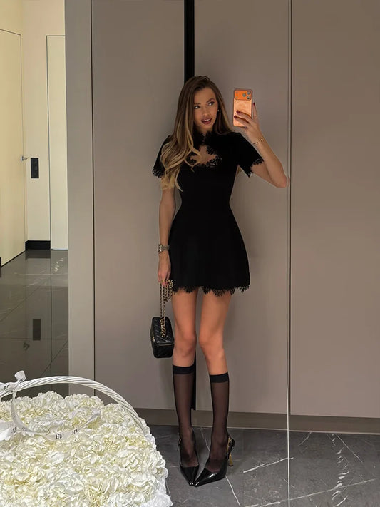 Sexy Women's Mini Dresses Patchwork Short Sleeves Lace Hollow Out Slim Fit Trend Baisc Turtleneck Streetwear Female Robe