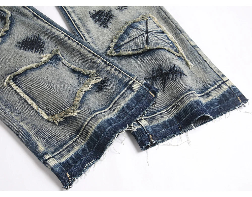 Men's Boot Cut Jeans Streetwear Patches Released Hem Pants Vintage Blue Embroidery Patchwork Flared Trousers