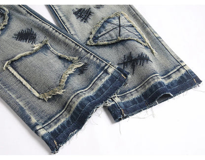 Men's Boot Cut Jeans Streetwear Patches Released Hem Pants Vintage Blue Embroidery Patchwork Flared Trousers