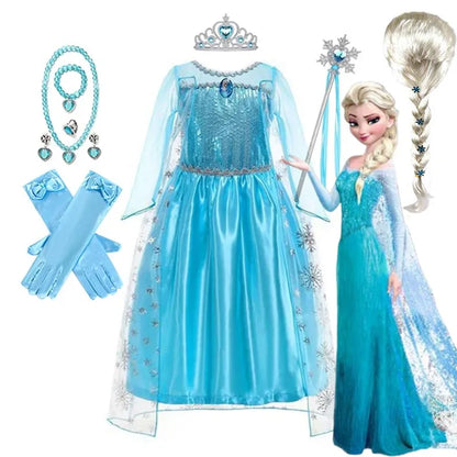 Frozen Girls Cospaly Snow Queen Elsa Cape Costumes Kids Carnival Party Prom Gown Children Clothes Elsa Princess Dresses