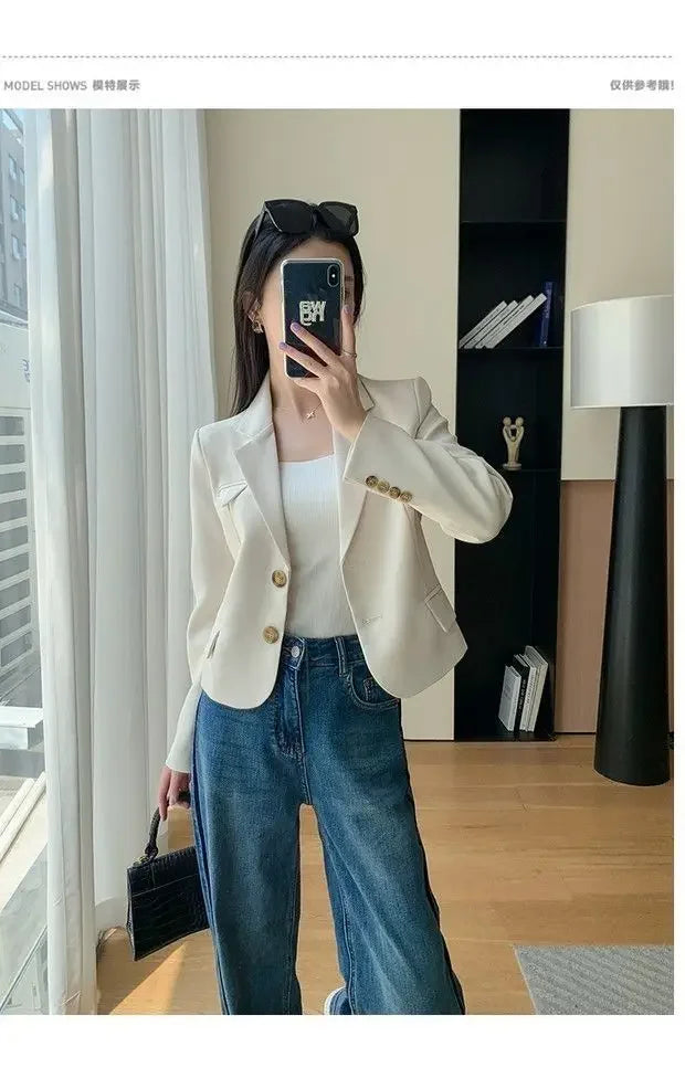 Korean Style Women Blazers Cropped New Autumn Solid Gentle Basic Defined Overcoats Harajuku Leisure Notched Fashion All-match