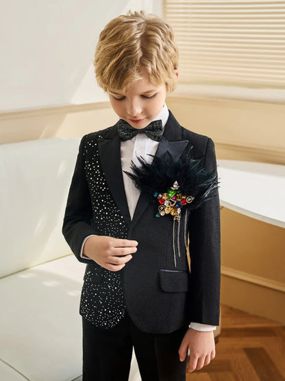 Exquisite Beaded Boys Suits 3 Pieces Jacket Pants Bow-tie Birthday Party Wear Handsome Kids Suit Set For Performance