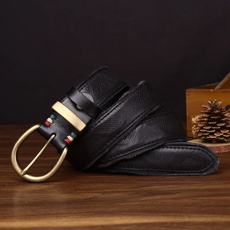 3.5CM High Quality Belt Men's Genuine Leather Top Layer Pure Cowhide Brass Buckle Jeans Vintage Strap Male Jeans for Man Luxury