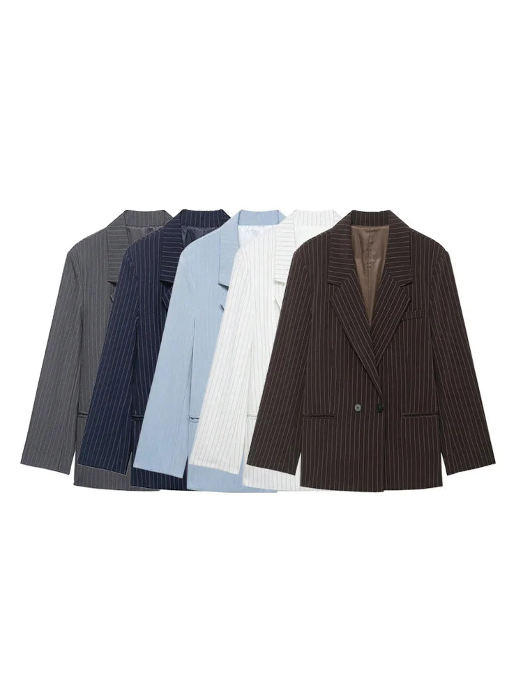 Women's Old Money Style Ovesized Striped Blazer Coat Long Sleeve Front Pockets Chic Oversize Top Female Outerwear