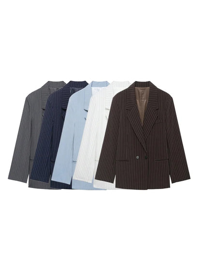 Women's Old Money Style Ovesized Striped Blazer Coat Long Sleeve Front Pockets Chic Oversize Top Female Outerwear