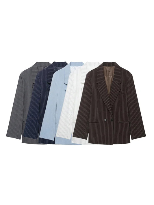 Women's Old Money Style Ovesized Striped Blazer Coat Long Sleeve Front Pockets Chic Oversize Top Female Outerwear