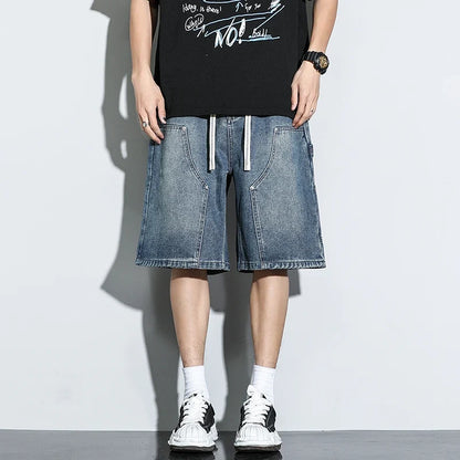 Fashion Streetwear Men's Denim Shorts Summer Loose Vintage Harajuku Splicing Hip-hop Cargo Moto Short Jeans Black Blue