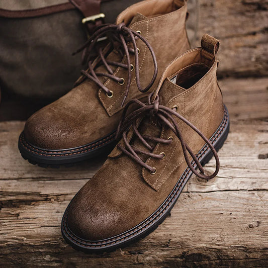 Maden Retro Fleece-lined Split Suede Boots High-Top Work Boots Lace-Up Desert Ankle Rugged Sole Boots Outdoor Winter Fall Shoes