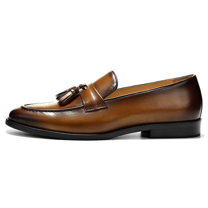 Men's Brown Leather Tassel Loafers, Formal Slip-on Dress Shoes for Business, Wedding