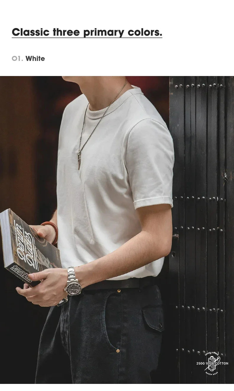 Summer Solid Color Short Sleeve T-Shirts 100% Cotton Round Neck Tees with Rolled Edge Cuffs Casual Tops for Men