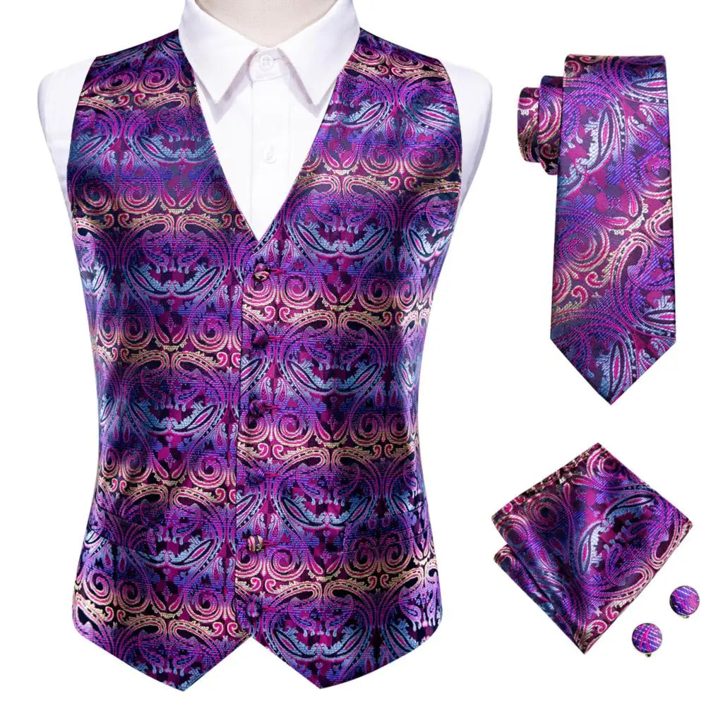 Mens Vests Tie Sets V-Neck Grey Red Purple Blue Green Pink Black Waistcoat Hanky Cufflinks Wedding Business Designer