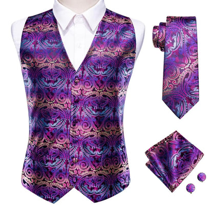 Mens Vests Tie Sets V-Neck Grey Red Purple Blue Green Pink Black Waistcoat Hanky Cufflinks Wedding Business Designer