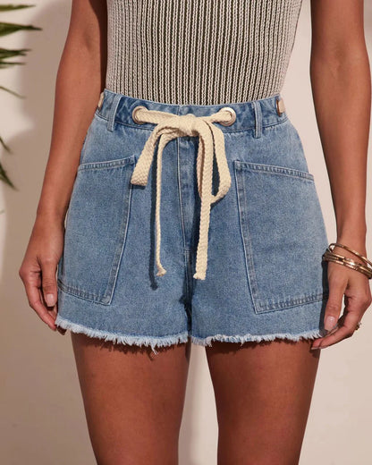 Women's High Waist Denim Shorts with Drawstring Front Pockets Frayed Hem Summer Casual Jeans Shorts
