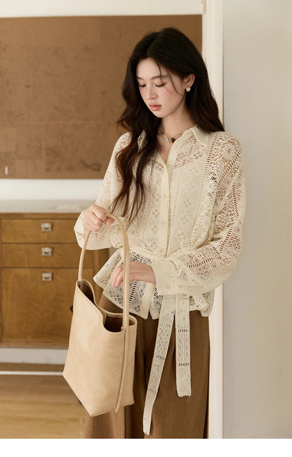 Women's Hollow-out Lace Shirt Camisole Set 2026 Spring Lapel Drawstring Waist Sheer Casual Two-Piece Knitwear MXF108C0816
