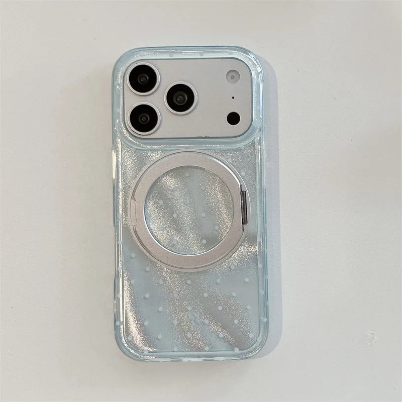 Luxury Polka Dot Ring Stand Holographic Phone Case For iPhone 15 16 17 Pro Max Shockproof Protective Cover