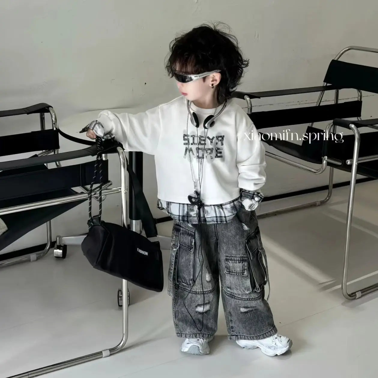 Boys Spring Autumn 2-piece Set Long Sleeved T-shirt Sweatshirt +Wide Leg Jeans Set New Patchwork Hoodie+ Denim Cargo Pants Set