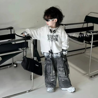 Boys Spring Autumn 2-piece Set Long Sleeved T-shirt Sweatshirt +Wide Leg Jeans Set New Patchwork Hoodie+ Denim Cargo Pants Set