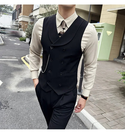 ( Vest + Pants) Men Luxury Double Breasted Design Suit Vest 2 pieces Formal Groom Wedding Dress Vest Set Fashion Club Clothing