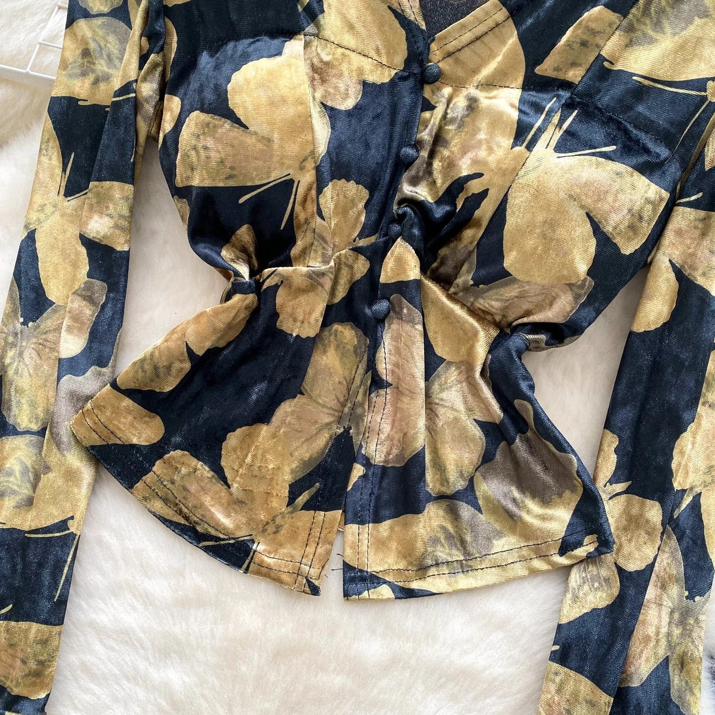 Fashion Butterfly Print Velvet Tops V Neck Flared Sleeve Short Sexy T-Shirt Autumn Senior Elegant Evening Women Blouse