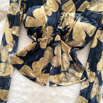 Fashion Butterfly Print Velvet Tops V Neck Flared Sleeve Short Sexy T-Shirt Autumn Senior Elegant Evening Women Blouse