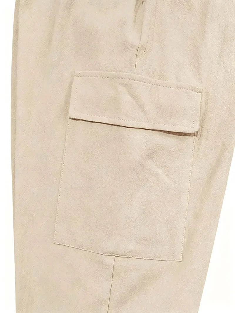 Men's Cotton Linen Blend Cargo Jogger Pants Elastic Waist Drawstring Multi Pockets Casual Breathable Streetwear Trousers for Men