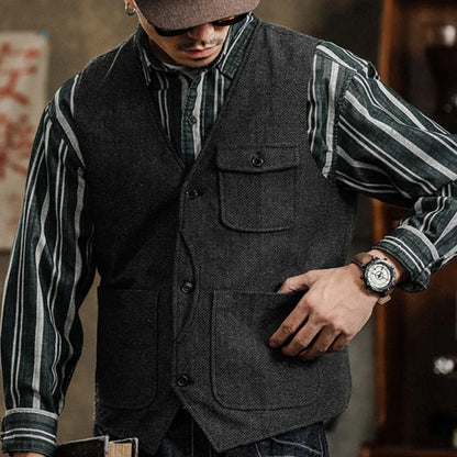 Men Vest Coffee Herringbone Single Button Pocket Waistcoat For Wedding Business Casual Formal Daily Office Work Men Suit Vest