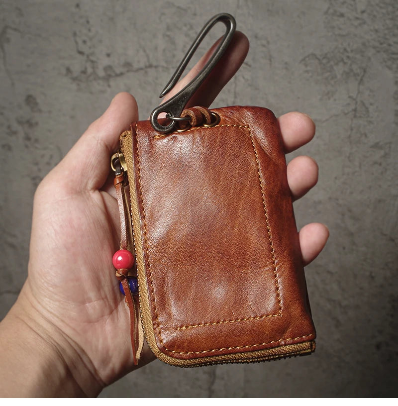 Top Cowhide Car Key Bags Men Women Vintage  Zipper Coin Purse Genuine Leather Wallet Card Holde ‌Housekeeper Home Organizer
