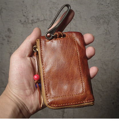 Top Cowhide Car Key Bags Men Women Vintage  Zipper Coin Purse Genuine Leather Wallet Card Holde ‌Housekeeper Home Organizer