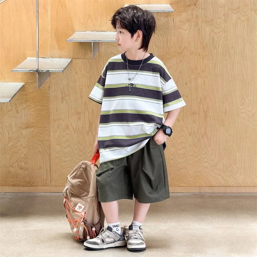 New Arrival Stylish Kids Summer Striped Suit for Teenage Boy Fashion Street Clothing Children Casual T-shirt Shorts 2PCS Set