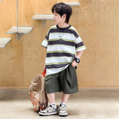 New Arrival Stylish Kids Summer Striped Suit for Teenage Boy Fashion Street Clothing Children Casual T-shirt Shorts 2PCS Set