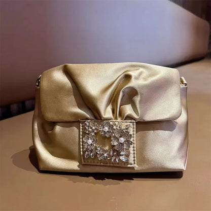 Luxury Satin Pleated Cloud Bag Glitter Shiny Diamonds Evening Bag Fashion Women Handbag Wedding Party Clutch Purse Shoulder Bag