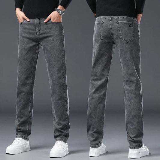 Men's Slim Jeans Korean Fashion Elastic Straight Casual Denim Pants Comfortable Work Male Spring Autumn Trousers Black Gray