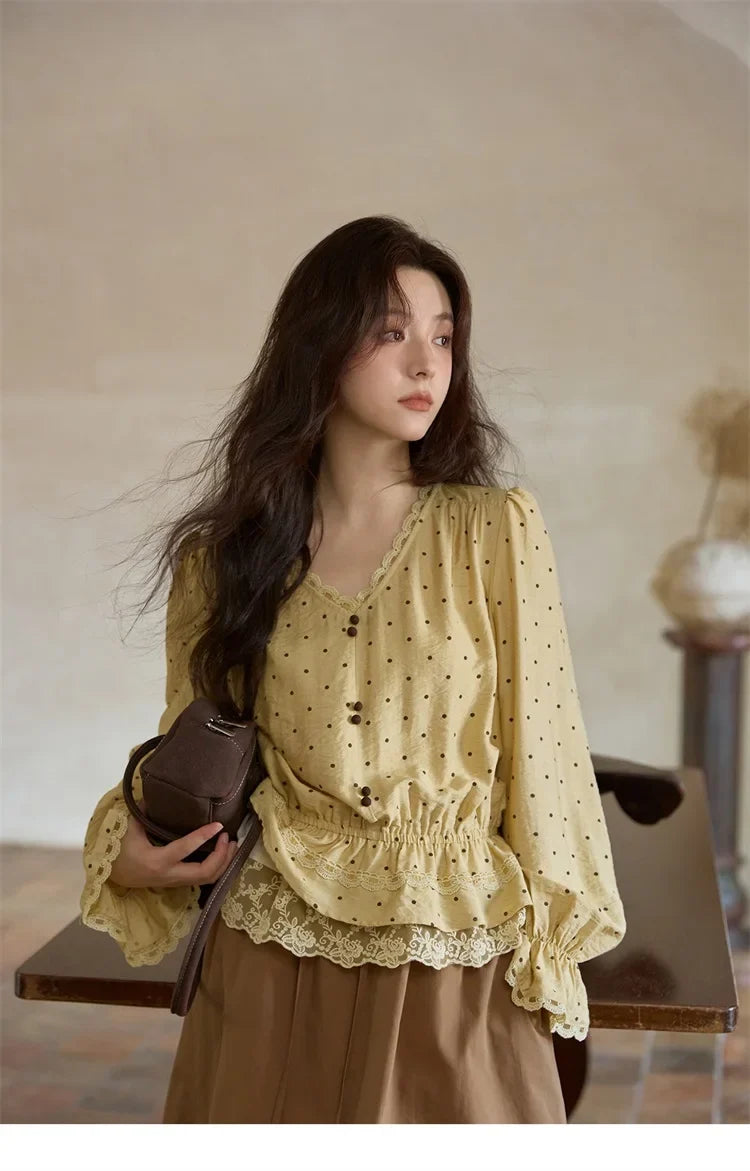 Autumn Yellow Polka Dot Linen Blouse 2025 Autumn Lace V-neck Commuter Top Flare Sleeve Elastic Waist Shirts MXE42X1975